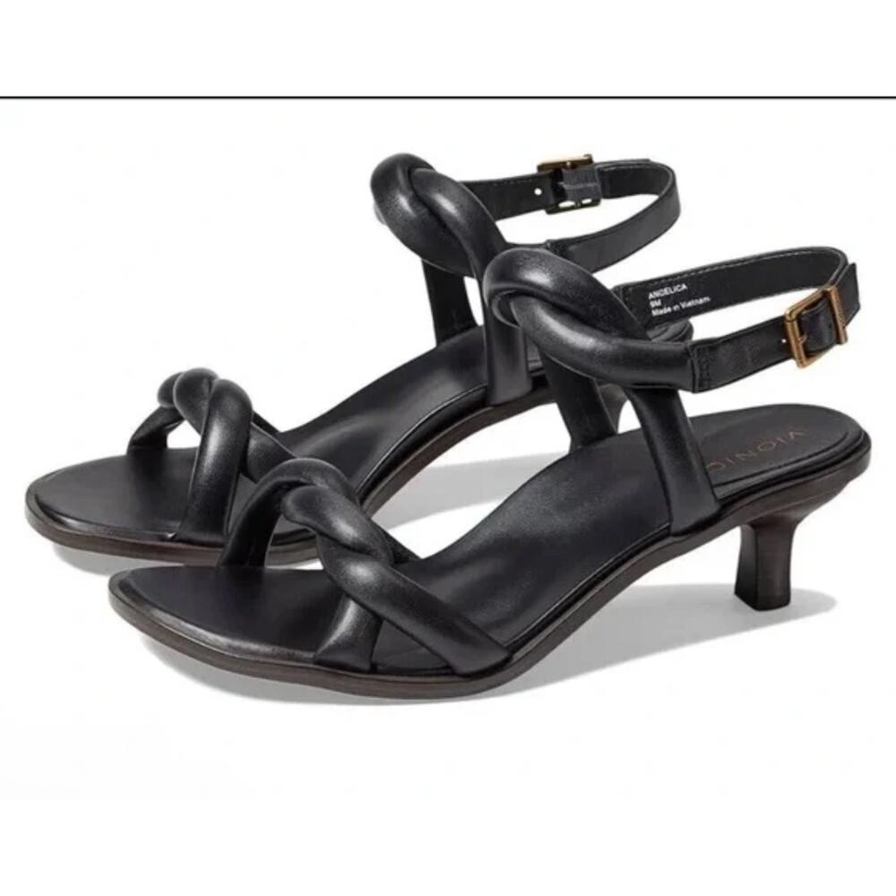 Vionic Black Braided-Strap Kitten Heel Sandals